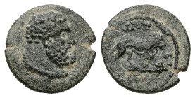 Lydia, Thyateira. Pseudo-autonomous, c. AD 184–192. AE. 2.08 g. 14.73 mm. Second half of reign of Commodus.
Obv: Bust of Heracles (head assimilated to...