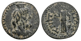 Lydia, Tripolis. Pseudo-autonomous, AD 3rd century. AE. 2.61 g. 17.77 mm.
Obv: Bearded and draped bust of Serapis right, wearing modius.
Rev: TΡIΠOΛEI...