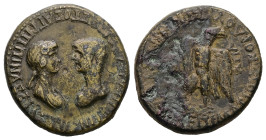 Phrygia, Apameia. Nero with Agrippa II, AD 54-68. AE. 9.95 g. 25.82 mm. Marios Kordos, magistrate.
Obv: [ΝΕΡΩΝ ΚΑΙΣΑΡ ΣΕΒΑ]ΣΤΟΣ ΑΓΡΙΠΠΙΝΑ ΣΕ[ΒΑΣΤΗ]. ...