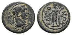 Phrygia, Cadi. Pseudo-autonomous, AD 198–268. AE. 2.65 g. 16.50 mm.
Obv: Laureate head of Herakles, right, lion skin knotted around neck.
Rev: KAΔOHNΩ...