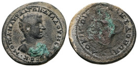 Phrygia, Docimeum. Diadumenian as Caesar, AD 217-218. AE. 11.85 g. 31.52 mm.
Obv: M OΠEΛ MAKΡ ANTΩN ΔIAΔOYMENIANOC K. Bare-headed, draped bust of Diad...