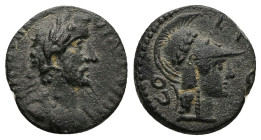Lycaonia, Iconium. Antoninus Pius, AD 138-161. AE. 4.60 g. 17.50 mm.
Obv: ANTONINVS AVG PIVS. Laureate-headed bust of Antoninus Pius wearing cuirass a...