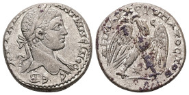 Syria, Antioch. Elagabalus, AD 218-222. AR, Tetradrachm. 12.60 g. 25.00 mm.
Obv: ΑΥΤ Κ Μ Α ΑΝΤωΝΕΙΝΟϹ ϹΕΒ. Laureate head of Elagabalus, right, with dr...