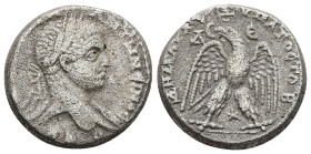 Syria, Antioch. Elagabalus, AD 218-222. AR, Tetradrachm. 14.34 g. 25.30 mm.
Obv: [ΑΥΤ Κ Μ] Α ΑΝΤωΝΕΙΝΟϹ [ϹΕΒ]. Laureate head of Elagabalus, right, wi...