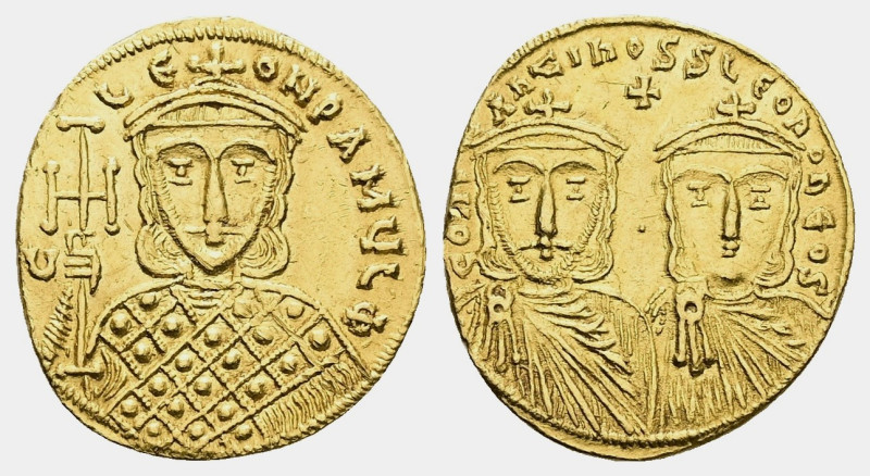 Constantine V Copronymus, Leo IV and Leo III, AD 750-756. AV, Solidus. 4.46 g. 2...