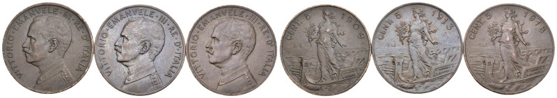 Regno d'Italia - Vittorio Emanuele III (1900-1943) - Lotto di 3 monete da 5 Cent...