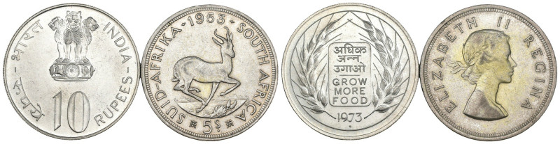 Lotto n.2 Monete composto da: India, 10 Rupees 1973 "FAO" - Sud Africa, 5 Shilli...