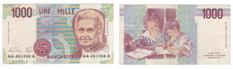 Repubblica Italiana - 1000 Lire "Montessori - 24/10/1990 - N°serie AA 451766 A -...