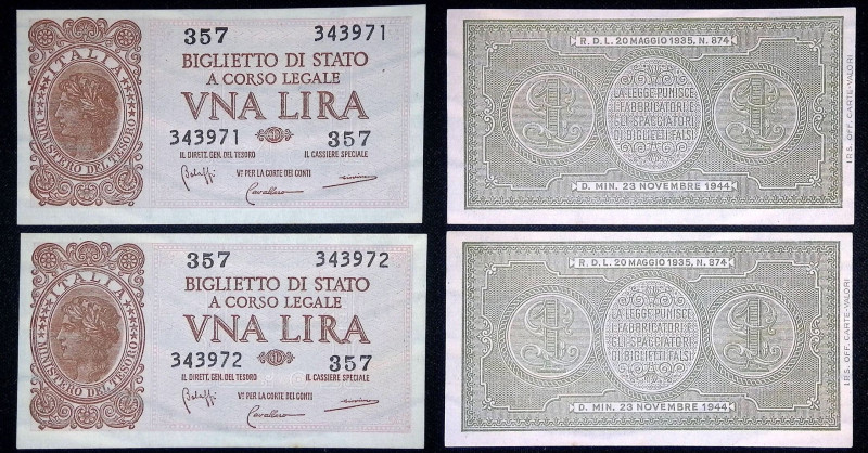 Luogotenenza - Lotto di 2 banconote da 1 Lira Italia Laureata - 23/11/1944 - Gig...