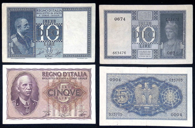 Regno d'Italia - Vittorio Emanuele III - Lotto di 2 banconote 10 Lire e 5 Lire
...