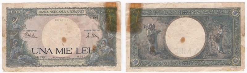 Romania - 1000 Lei - Emissione del 1941 - N° Serie: K1967 0467 - P# 52 - strappo...