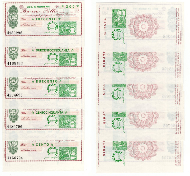 Lotto n.5 Miniassegni - Biella, 1977, Banca Sella da 100, 150, 200, 250, 300 Lir...