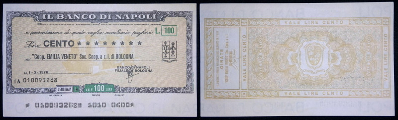 Banco di Napoli - miniassegno da 100 Lire - Coop. Emilia Veneto - 01/06/1976

...