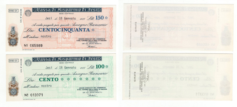 Lotto n.2 Miniassegni - Jesi, 1977, Cassa di Risparmio di Jesi da 100, 150 Lire ...