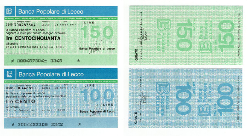 Lotto n.2 Miniassegni - Lecco, 1977, Banca Popolare di Lecco da 100, 150 Lire - ...