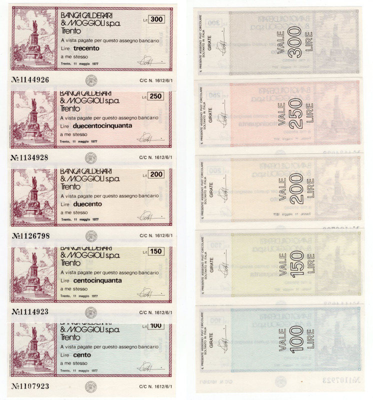 Lotto n.5 Miniassegni - Trento, 1977, Banca Calderari & Moggioli S.P.A da 100, 1...