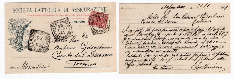 Cartolina - Società Cattolica di Assicurazione - 1909 Tortona - Volata - Leggere...