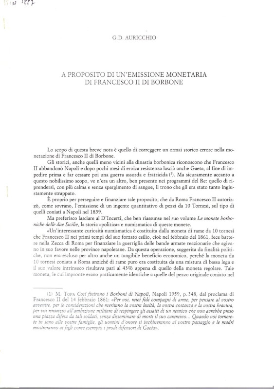 AURICCHIO G. D. - A proposito di un emissione monetaria di Francesco II di Borbo...