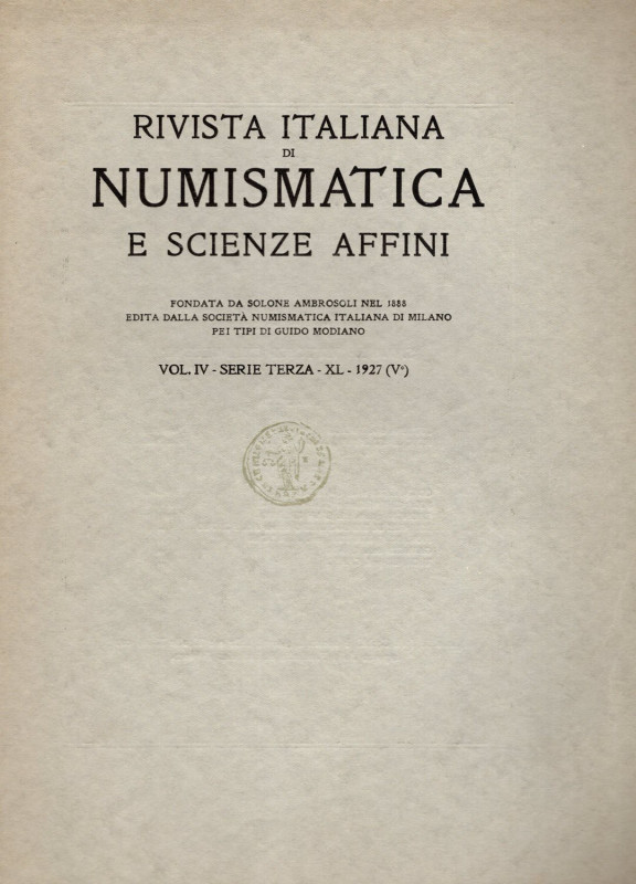 RIVISTA ITALIANA di NUMISMATICA. Milano, 1927. completo. Indice; Gianpaoli Ubert...