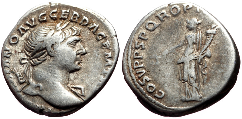 Trajan (98-117) AR Denarius (Silver, 19mm, 3.35g) Rome, 103-111.
Obv: IMP TRAIAN...