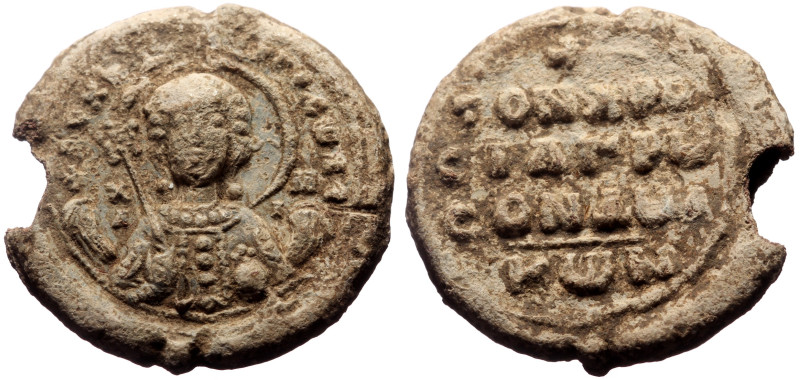 Byzantine Pb Seal (23mm, 12.89g) Constantine Chrystagron(?).
Obv: Bust of the A...