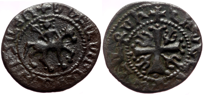 Armenia, Smpad AE Pogh (Bronze, 1.70g, 18mm) 1296-1298. 
Obv: King on horseback ...