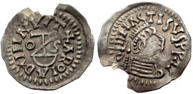 Gepids, In the name of Justin I (518-527) AR Quarter Siliqua (Silver, 0.57g, 16mm) Sirmium.
Obv: Diademed and draped bust of Justin right.
Rev: Mono...