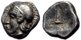Arkadia, Tegea. AR Hemiobol, (Silver,0.36g, 8mm), ca 423-400 BC. 
Obv: Helmeted head of Athena left.
Rev: Large T within shallow incuse square.
Ref: B...