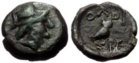 *Very rare* Skythia, Olbia (ca 190-180 BC) AE (Bronze, 1.62g, 12mm)
Obv: Head of Athena to right, wearing crested helmet.
Rev: ΟΛΒΙ Owl standing rig...