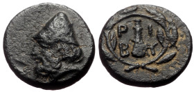 Troas, Birytis AE (Bronze, 1.31g, 11mm) 300-250 BC 
Obv: Bearded head of Kabiros l., wearing pileus. 
Rev: Β-Ι/Ρ-Υ, Club, whole in laurel wreath. 
Ref...