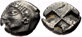 Ionia, Phokaia AR Diobol (Silver, 10mm, 1.15g) c. 521-478 BC. 
Obv: Head of a nymph to left, wearing a sakkos adorned with a central band and rosette ...