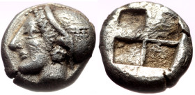 Ionia, Phokaia AR Diobol (Silver, 10mm, 1.31g) c. 521-478 BC. 
Obv: Head of a nymph to left, wearing a sakkos adorned with a central band and rosette ...