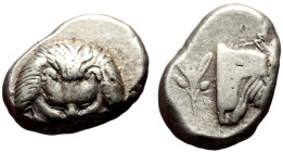 Islands off Ionia, Samos AR (Samian standard) Tetradrachm (Silver, 13.03g, 21mm) ca 453/2-440/39 BC 
Obv: Lion’s scalp facing. 
Rev: Forepart of an ox...