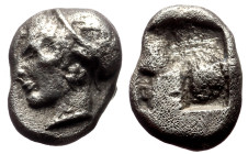 Ionia, Phokaia AR Diobol (Silver, 1.29g, 10mm) ca 521-478 BC AR Diobol.
Obv: Archaic female head left, wearing earring and helmet or close fitting cap...