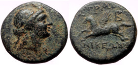 *Rare variant*
Caria, Stratonikeia (ca 125-85 BC) AE (Bronze, 16mm, 3.13g)
Obv: Head of Hekate right.
Rev: ΣΤΡΑΤΟ ΝΙΚΕΩΝ, Pegasus flying left, B in...