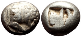 Caria, Mylasa AR Stater (Silver, 18mm, 11.03g) ca 520-490 BC.
Obv: Forepart of a roaring lion right
Rev: Divided incuse punch.
Ref: SNG Kayhan 930 (Un...