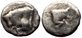 Caria, uncertain mint AR Hemiobol (Silver, 0.30g, 7mm) ca 5th century BC 
Obv: Forepart of bull to left 
Rev: Forepart of bull to right. 
Ref: SNG Kec...