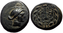 Lydia, Sardes, AE, (Bronze, 4.56 g 16mm), 2nd-1st centuries BC. 
Obv: Laureate head of Apollo right.
Rev: ΣAPΔIA / NΩN, Club right within wreath; mono...