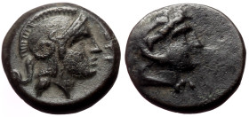 Mysia, Pergamon AE (Bronze, 0.90g, 9mm) ca 310-282 BC
Obv: Head of Herakles right, wearing lion's skin headdress 
Rev: Helmeted head of Athena right. ...