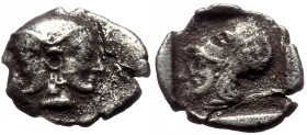 Mysia, Lampsakos AR Obol (Silver, 0.77g, 12mm) ca 510-490 BC. "Troad" standard. 
Obv: Janiform female heads 
Rev: Helmeted head of Athena left within ...