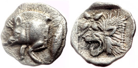 Mysia, Kyzikos (ca 450-400 BC) AR Hemiobol (Silver, 9mm, 0.38) 
Obv: Forepart of boar left; to right, tunny upward 
Rev: Head of roaring lion left; st...