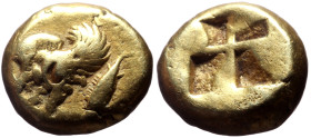 Mysia, Kyzicos EL Hekte (Gold, 2.62g, 11mm) ca 530-480 BC. 
Obv: Winged forepart of boar left. Below, tunny fish downwards left. 
Rev: Quadripartite i...