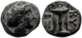 Mysia, Kyzikos AE (Bronze, 1.28g, 11mm) 3rd century BC
Obv: Head of Kore Soteira right.
Rev: KY - ZI, Tripod.
Ref: Nomisma X 1; SNG BN 431.