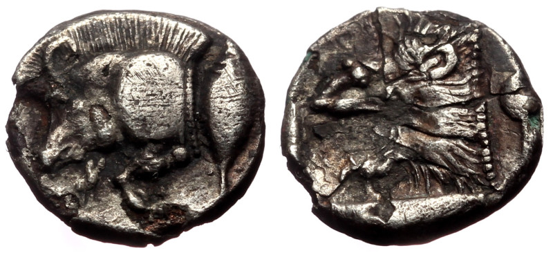 Mysia, Kyzikos AR Diobol (Silver, 1.14g, 11mm) ca 450-400 BC. 
Obv: Forepart of ...