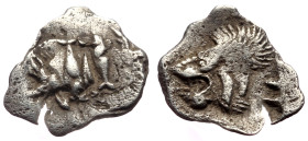 Mysia, Kyzikos AR Hemiobol (Silver, 0.35g, 11mm) ca 450-400 BC. 
Obv: Forepart of boar left; to right, tunny upward 
Rev: Head of lion left within inc...