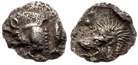 Mysia, Kyzikos AR Hemiobol (Silver, 0.33g, 9mm) ca 450-400 BC. 
Obv: Forepart of boar left; to right, tunny upward 
Rev: Head of roaring lion left; st...