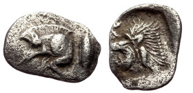 Mysia, Kyzikos AR Hemiobol (Silver, 0.36g, 10mm) ca 450-400 BC. 
Obv: Forepart of boar left; to right, tunny upward 
Rev: Head of roaring lion left; s...