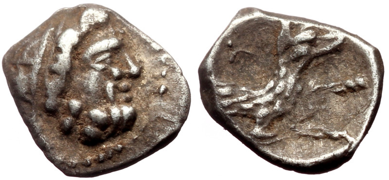 Lycaonia, Laranda AR Obol (Silver, 0.60g,10mm) ca 324/3 BC
Obv: Head of Herakles...