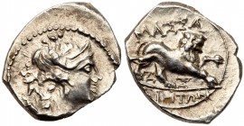 Gaul, Massalia. Silver Drachm (2.68 g), ca. 130-121 BC. Diademed and draped bust of Artemis right, bow and quiver at shoulder. Reverse: MA&Sigma;&Sigm...