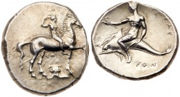 Calabria, Taras. Silver Nomos (7.81 g), ca. 302 BC. Sa&hellip; and Kon&hellip;, magistrates. Youth on horseback right, crowning himself with wreath; b...